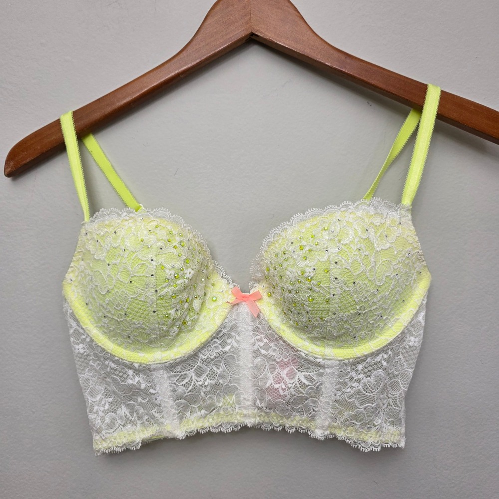 Victorias Secret Dream Angels Push Up Longline Bra Neon Yellow Lace 34C